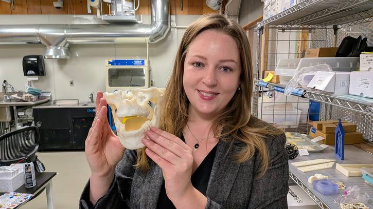 Claire Dorsett leads Case Western Reserve University's Sears think[box], whose many products include artificial jaws for dental students to practice working on.